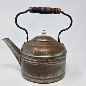 Antique Rome Copper Tea Kettle Wood Handle Primitive Farmhouse Decor Pot